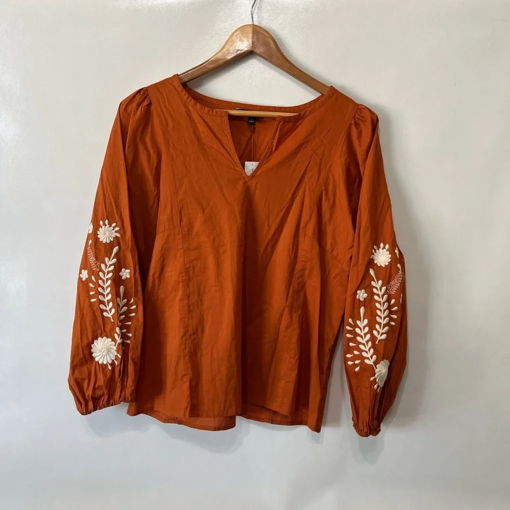 Banana Republic Orange Embroidered Puff Sleeve Top NWT